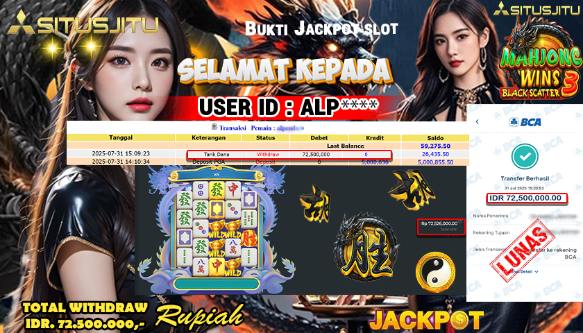 SITUSJITU id : ALP***** JACKPOT MENANG BESAR DI MAHJONG WINS 3 - BLACK SCATTER PRAGMATIC PLAY Rp.72.500.000 ,- LUNAS