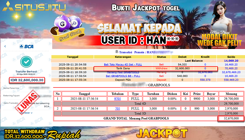 SITUSJITU id :  HAN**** JACKPOT TOGEL 43D DI GRABPOOLS Rp.32.600.000 ,- LUNAS