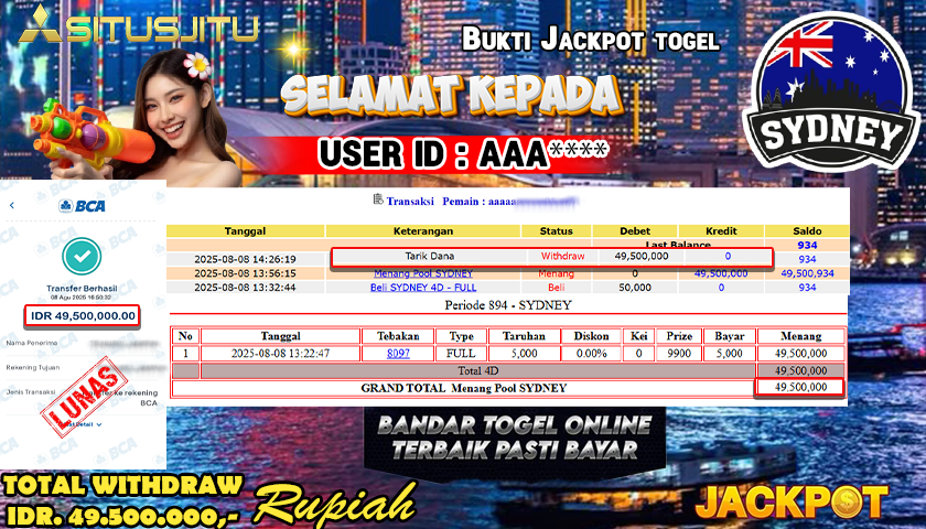 SITUSJITU id :  AAA**** JACKPOT TOGEL 4D DI PASARAN SYDNEY LOTTO Rp.49.500.000 ,- LUNAS