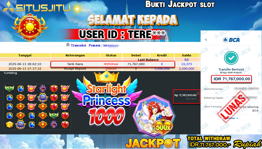 SITUSJITU id : TERE*** ACKPOT SLOT STARLIGHT PRINCESS 1000 Rp.71.767.000 ,- LUNAS