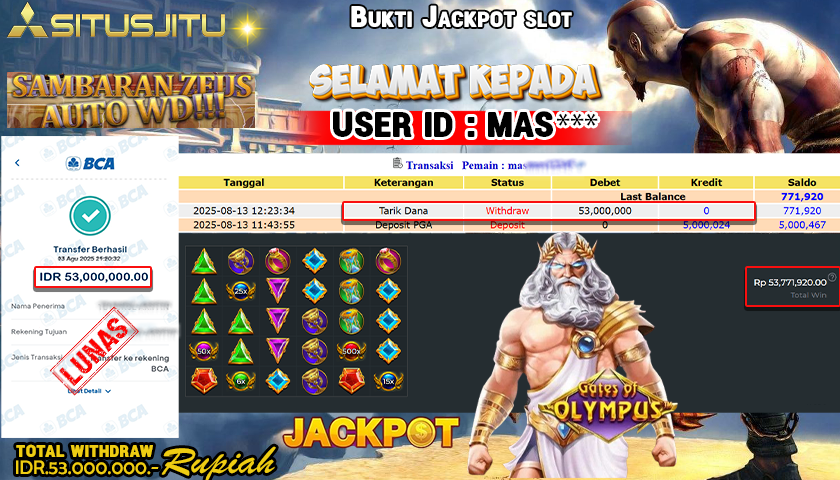 SITUSJITU id : MAS*** JACKPOT MENANG BESAR DI GATES OF OLYMPUS 1000 PRAGMATIC PLAY Rp.53.000.000 ,- LUNAS