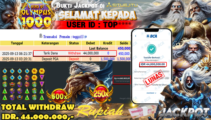 SITUSJITU  id : TOP*** MENANG BESAR DI SLOT GATES OF OLYMPUS 1000 DENGAN TOTAL WITHDRAW Rp.44.000.000 ,- LUNAS