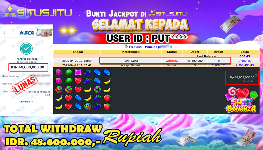 SITUSJITU id : PUT*** MENANG BESAR DI SLOT GATES OF OLYMPUS SWEET BONANZA TOTAL WITHDRAW Rp.48.600.000 ,- LUNAS