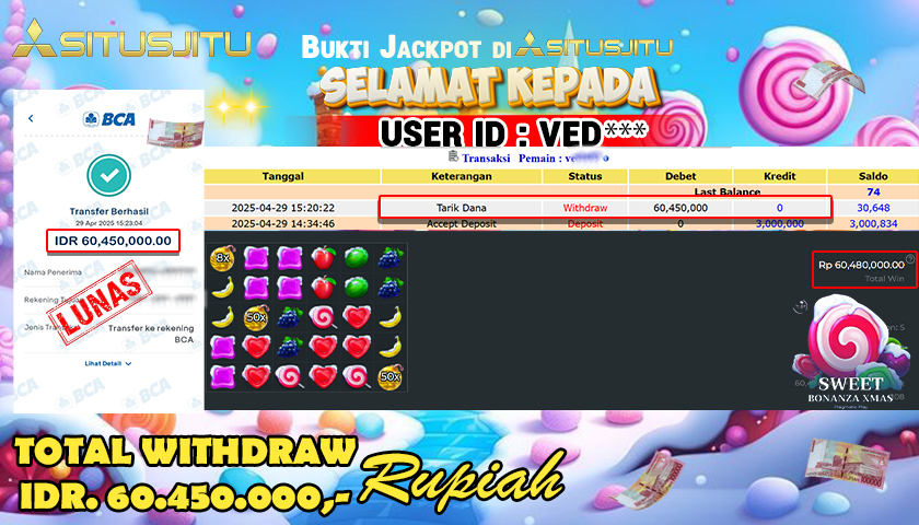 SITUSJITU id : VED*** MENANG BESAR DI SLOT GATES OF OLYMPUS SWEET BONANZA XMAS TOTAL WITHDRAW Rp.60.450.000 ,- LUNAS