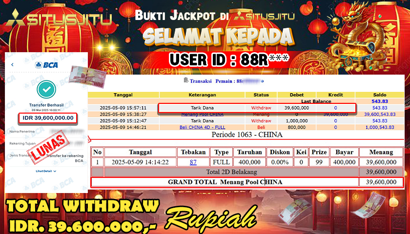 SITUSJITU id : 88R*** JACKPOT TOGEL CHINA POOLS Rp.39.600.000 ,- LUNAS