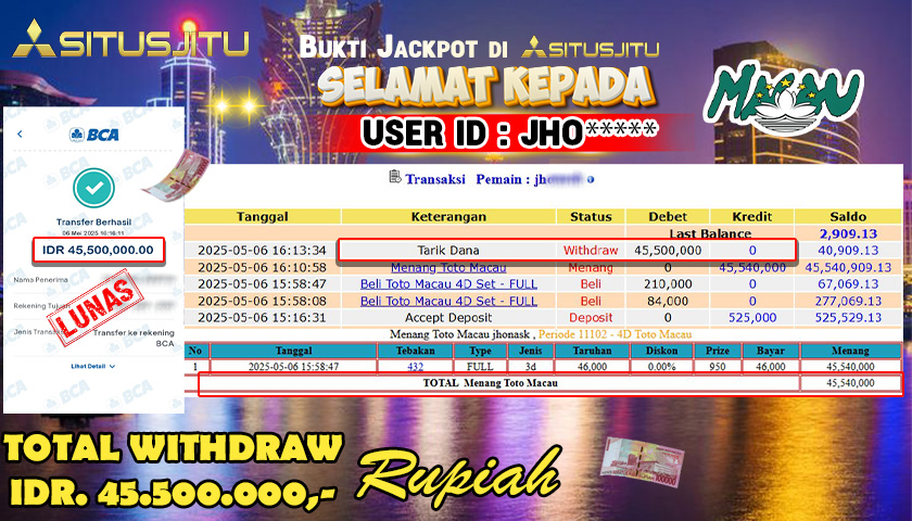 SITUSJITU id : JHO**** JACKPOT TOGEL TOTO MACAU POOLS Rp.45.500.000 ,- LUNAS