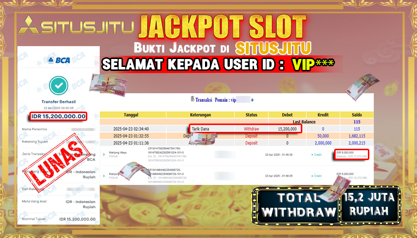 SITUSJITU id : VIP*** JACKPOT SLOT MAHJONG WAYS Rp.15.200.000 ,- LUNAS