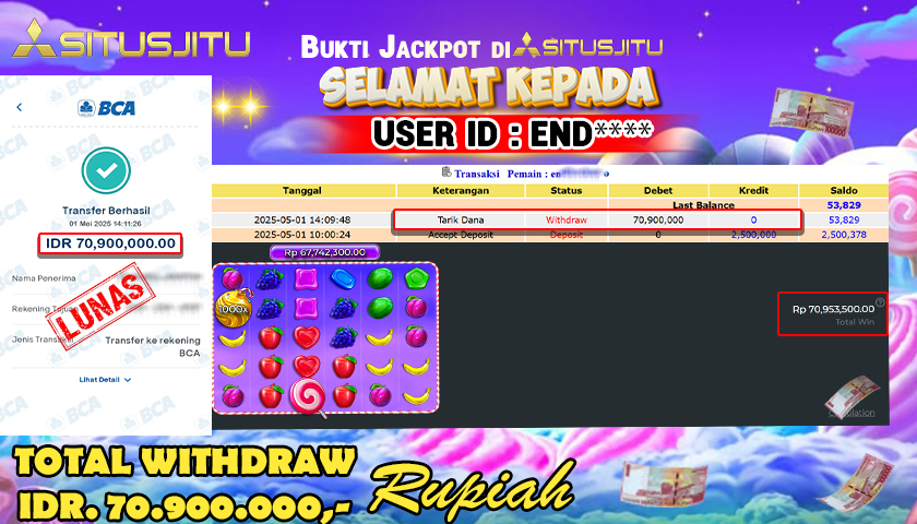 SITUSJITU id : END***** MENANG BESAR DI SWEET BONANZA 1000 PRAGMATIC PLAY DENGAN TOTAL WITHDRAW Rp.70.900.000 ,- LUNAS