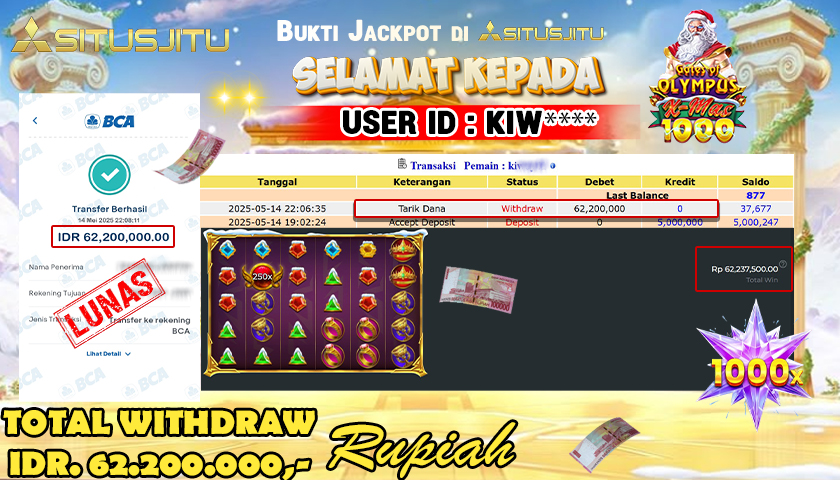 SITUSJITU id : KIW**** JACKPOT MENANG BESAR DI GATES OF OLYMPUS XMAS 1000 PRAGMATIC PLAY Rp.62.200.000 ,- LUNAS