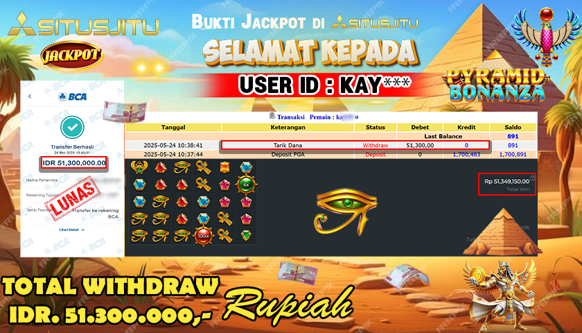 SITUSJITU id : KAY*** JACKPOT MENANG BESAR DI PYRAMID BONANZA PRAGMATIC PLAY Rp.51.300.000 ,- LUNAS