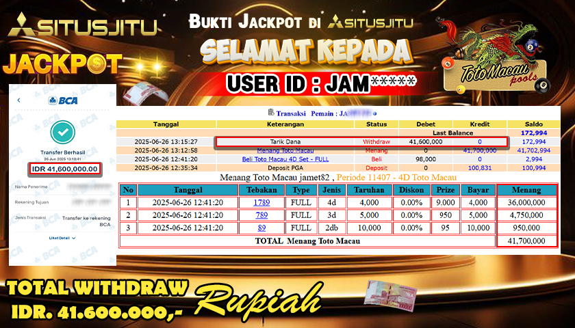 SITUSJITU id : JAM****** JACKPOT TOGEL TOTO MACAU Rp.41.600.000 ,- LUNAS