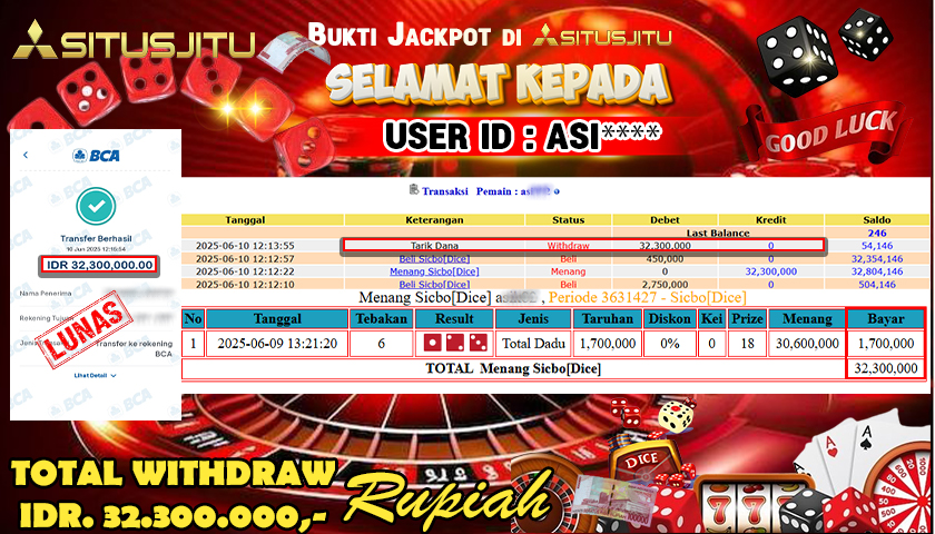 SITUSJITU id : ASI**** MENANG BESAR DI LIVE GAME SICBO DICE DENGAN TOTAL WITHDRAW Rp. 32,300,000- LUNAS