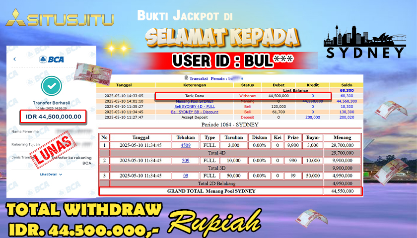 SITUSJITU id : BULL*** MENANG BESAR DI SYDNEY LOTTO DENGAN TOTAL WITHDRAW Rp.44.500.000 ,- LUNAS