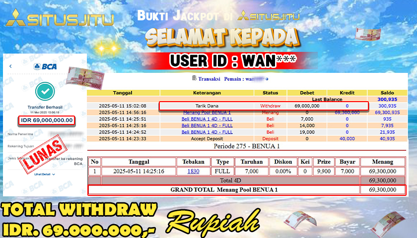 SITUSJITU id : WAN*** MENANG BESAR DI POOL BENUA DENGAN TOTAL WITHDRAW Rp.69.000.000 ,- LUNAS
