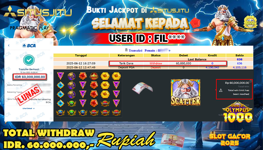 SITUSJITU id : FIL**** JACKPOT SLOT GATES OF OLYMPUS 1000 Rp.60.000.000 ,- LUNAS