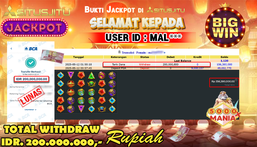 SITUSJITU id : MAL*** JACKPOT MENANG BESAR DI SLOT 5000X MANIA PRAGMATIC PLAY Rp.200.000.000 ,- LUNAS