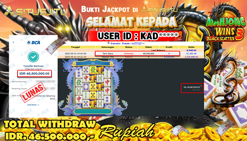 SITUSJITU id : KAD***** JACKPOT MENANG BESAR DI MAHJONG WINS 3 - BLACK SCATTER PRAGMATIC PLAY Rp.46.500.000 ,- LUNAS