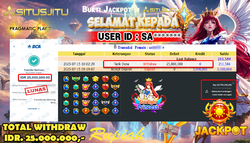 SITUSJITU id : SA*** JACKPOT SLOT STARLIGHT PRINCESS 1000 Rp.25.000.000 ,- LUNAS
