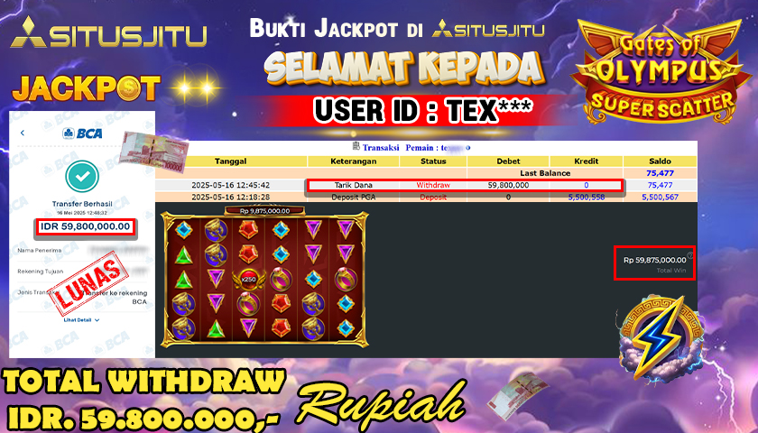 SITUSJITU id : TEX*** JACKPOT MENANG BESAR DI GATES OF OLYMPUS SUPER SCATTER PRAGMATIC PLAY Rp.59.800.000 ,- LUNAS