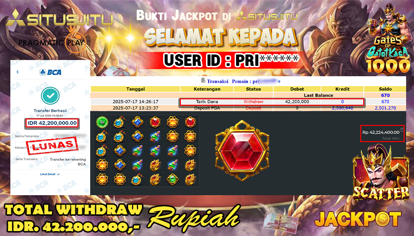 SITUSJITU id : PRI***** JACKPOT MENANG BESAR DI GATES OF GATOT KACA 1000 PRAGMATIC PLAY Rp.42.200.000 ,- LUNAS