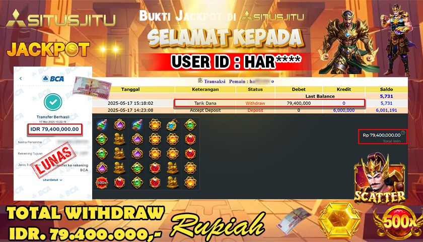 SITUSJITU id : HAR***** JACKPOT MENANG BESAR DI GATES OF GATOT KACA 1000 PRAGMATIC PLAY Rp.79.400.000 ,- LUNAS