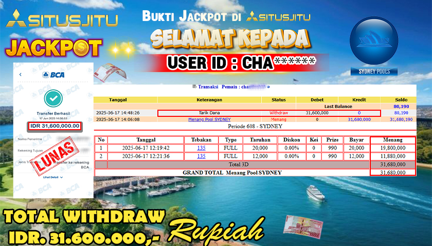 SITUSJITU id : CHA****** MENANG BESAR DI SYDNEY LOTTO DENGAN TOTAL WITHDRAW Rp.31.600.000 ,- LUNAS