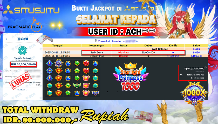 SITUSJITU  id : ACH**** MENANG BESAR DI SLOT STARLIGHT PRINCESS  1000 PRAGMATIC PLAY DENGAN TOTAL WITHDRAW Rp.80.000.000 ,- LUNAS