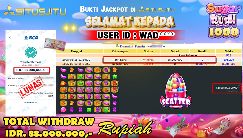 SITUSJITU  id : WAD**** MENANG BESAR DI SLOT SUGAR RUSH 1000 PRAGMATIC PLAY DENGAN TOTAL WITHDRAW Rp.88.000.000 ,- LUNAS