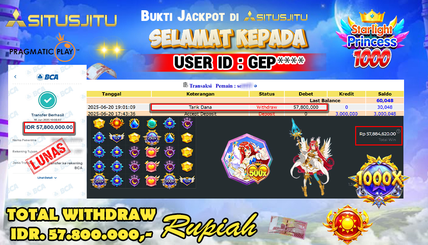 SITUSJITU  id : GEP**** MENANG BESAR DI SLOT STARLIGHT PRINCESS  1000 PRAGMATIC PLAY DENGAN TOTAL WITHDRAW Rp.57.800.000 ,- LUNAS