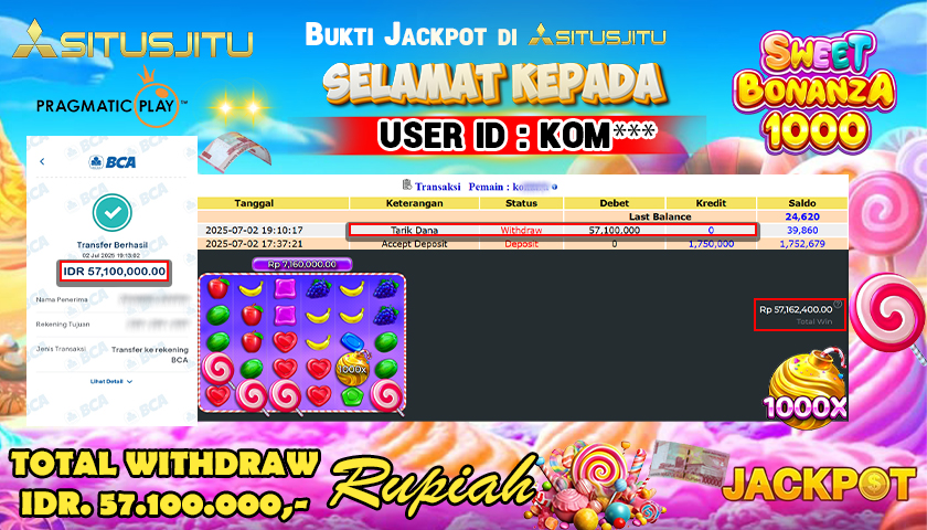 SITUSJITU  id : KOM*** MENANG BESAR DI SLOT SWEET BONANZA 1000 PRAGMATIC PLAY DENGAN TOTAL WITHDRAW Rp.57.100.000 ,- LUNAS