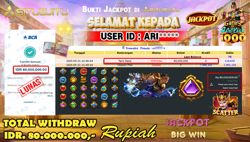 SITUSJITU id : ARI***** JACKPOT MENANG BESAR DI GATES OF GATOT KACA 1000 PRAGMATIC PLAY Rp.80.000.000 ,- LUNAS