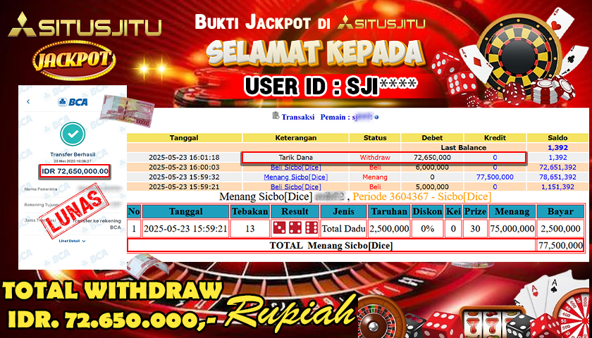 SITUSJITU id : SJI*** MENANG BESAR DI LIVE GAME SICBO DICE DENGAN TOTAL WITHDRAW Rp. 72,650,000- LUNAS
