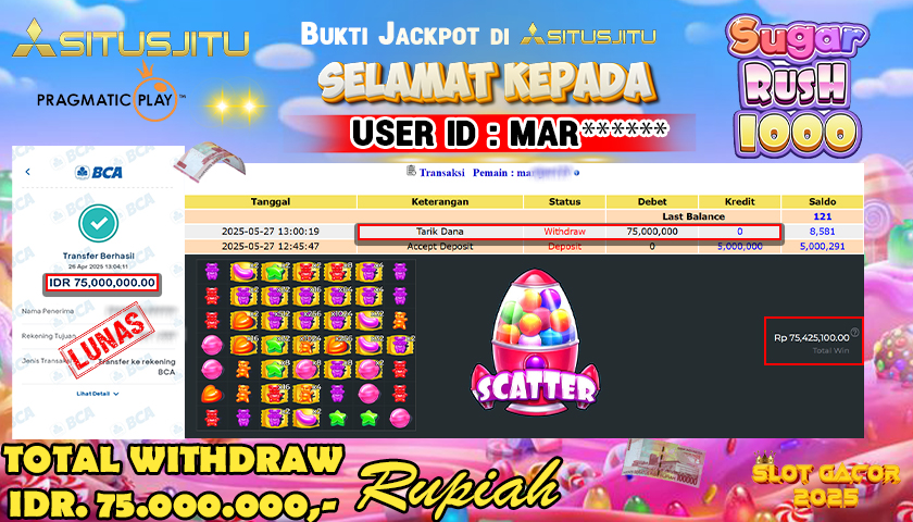SITUSJITU  id : MAR**** MENANG BESAR DI SLOT SUGAR RUSH 1000 PRAGMATIC PLAY DENGAN TOTAL WITHDRAW Rp.75.000.000 ,- LUNAS