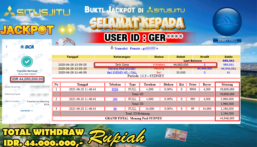 SITUSJITU id : GER*** MENANG BESAR DI SYDNEY LOTTO DENGAN TOTAL WITHDRAW Rp.44,000.000 ,- LUNAS