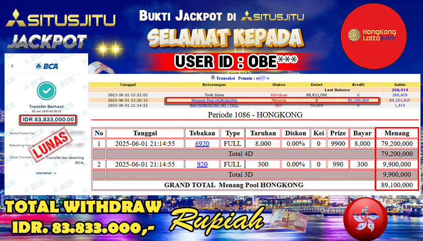 SITUSJITU id : OBE*** JACKPOT TOGEL HONGKONG POOLS Rp.83.833.000 ,- LUNAS