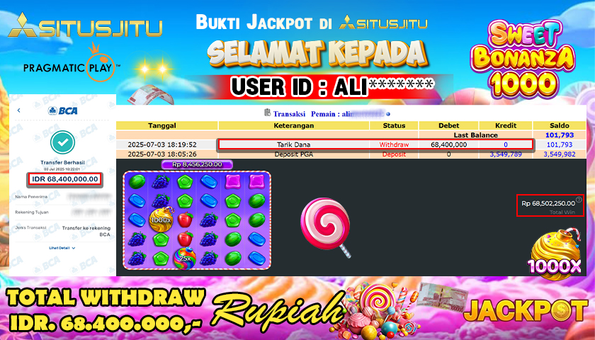 SITUSJITU  id : ALI******* MENANG BESAR DI SLOT SWEET BONANZA 1000 PRAGMATIC PLAY DENGAN TOTAL WITHDRAW Rp.68.400.000 ,- LUNAS