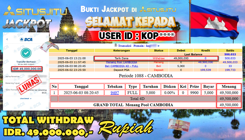 SITUSJITU id : KOP**** JACKPOT TOGEL CAMBODIA POOLS Rp.49.000.000 ,- LUNAS