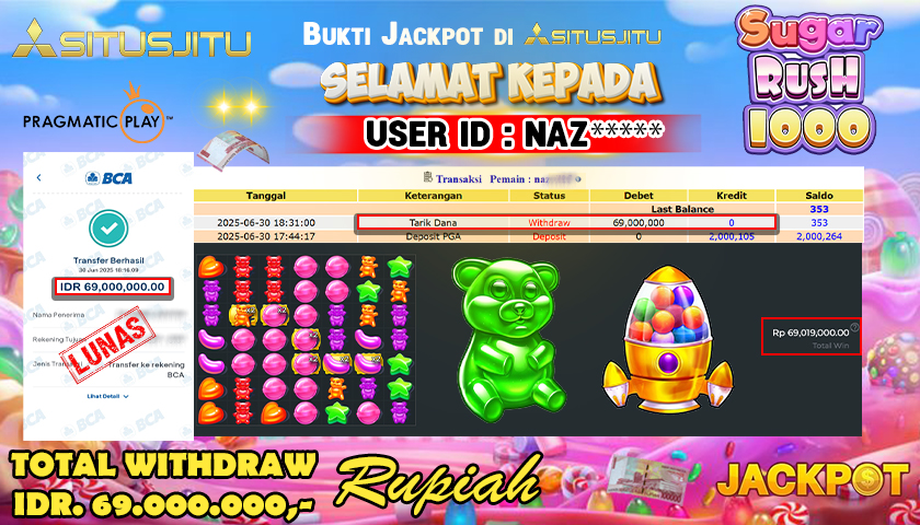 SITUSJITU  id : NAZ**** MENANG BESAR DI SLOT SUGAR RUSH 1000 PRAGMATIC PLAY DENGAN TOTAL WITHDRAW Rp.69.000.000 ,- LUNAS