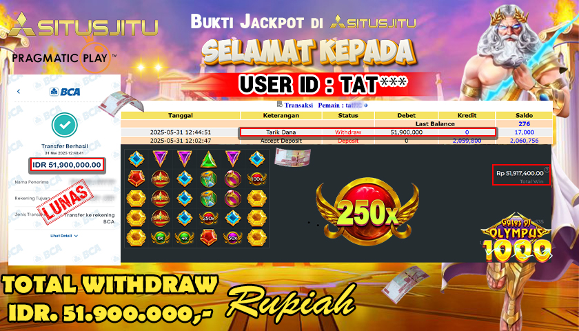 SITUSJITU id : TAT*** JACKPOT SLOT GATES OF OLYMPUS 1000 Rp.51.900.000 ,- LUNAS