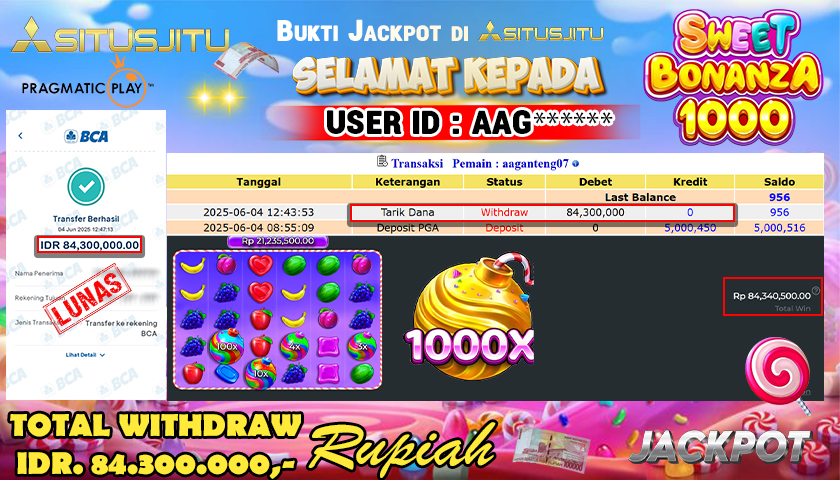 SITUSJITU  id : AAG****** MENANG BESAR DI SLOT SWEET BONANZA 1000 PRAGMATIC PLAY DENGAN TOTAL WITHDRAW Rp.84.300.000 ,- LUNAS