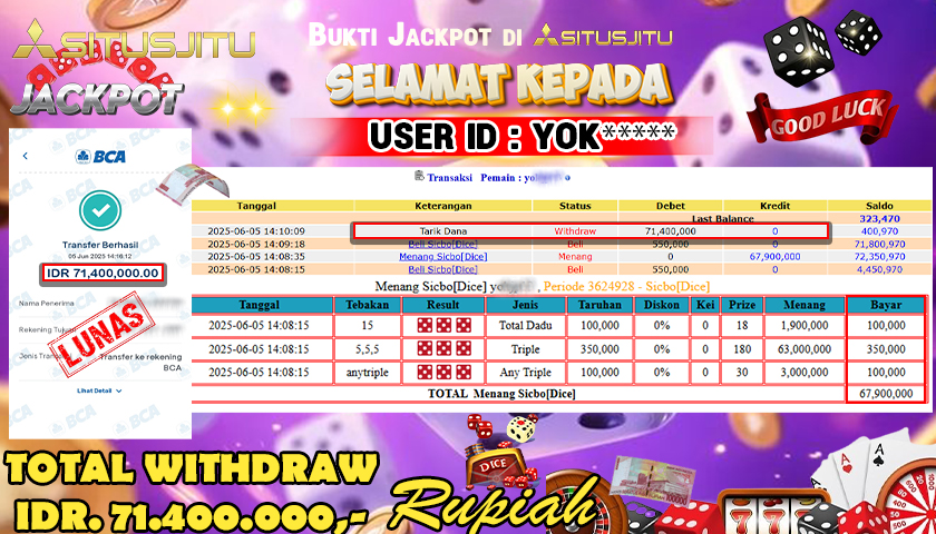 SITUSJITU id : YOK****** MENANG BESAR DI LIVE GAME SICBO DICE DENGAN TOTAL WITHDRAW Rp. 71,400,000- LUNAS