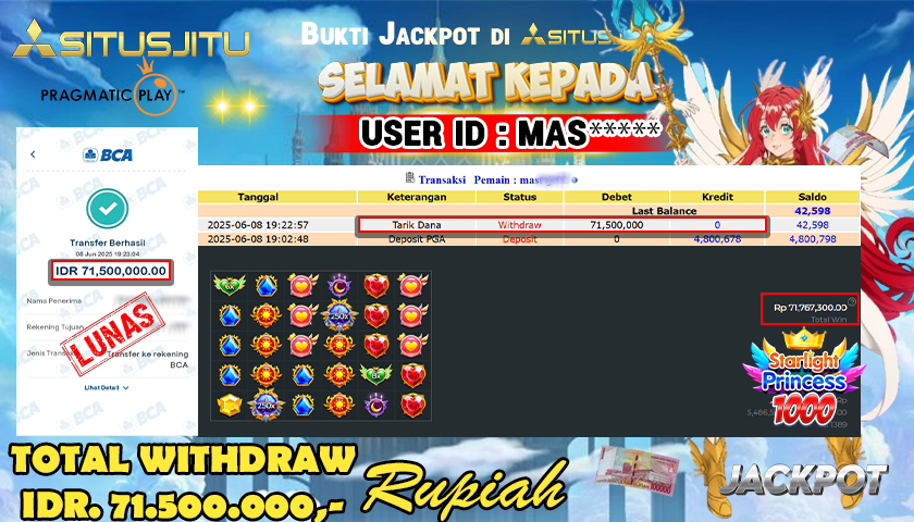 SITUSJITU  id : MAS****** MENANG BESAR DI SLOT STARLIGHT PRINCESS  1000 PRAGMATIC PLAY DENGAN TOTAL WITHDRAW Rp.71.500.000 ,- LUNAS