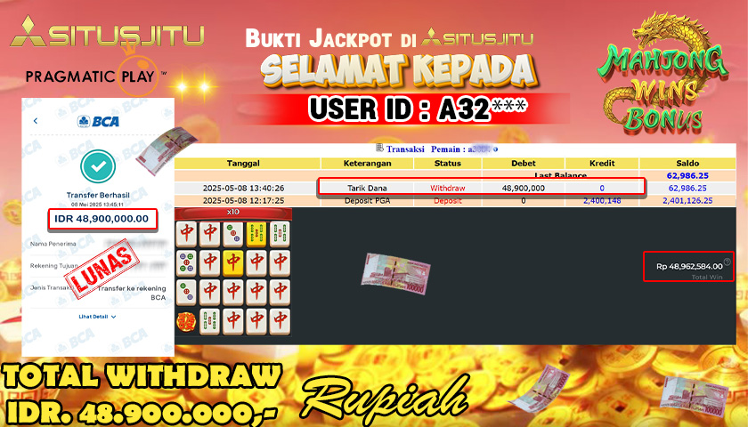 SITUSJITU id : A32*** JACKPOT MENANG BESAR DI SLOT MAHJONG WINS BONUS PRAGMATIC PLAY Rp.48.900.000 ,- LUNAS