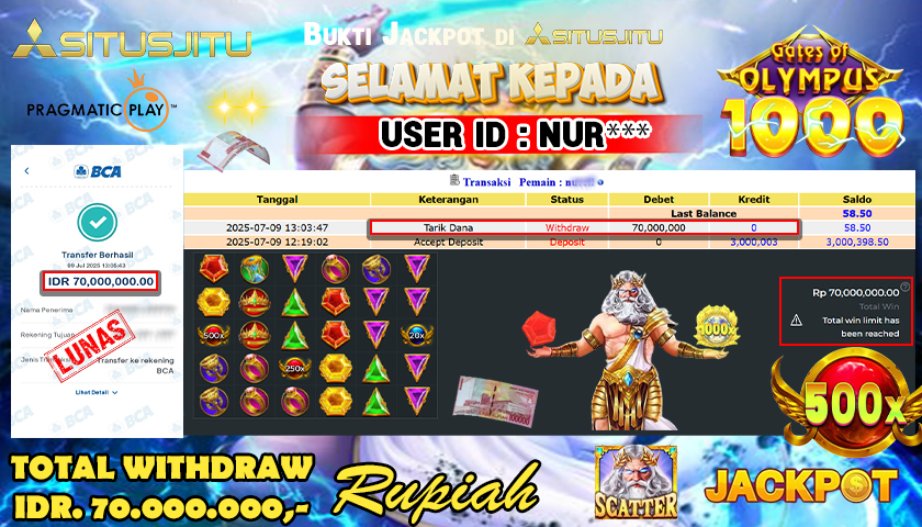 SITUSJITU id :  NUR***  JACKPOT MENANG BESAR DI GATES OF OLMYPUS 1000 PRAGMATIC PLAY Rp.70.000.000 ,- LUNAS