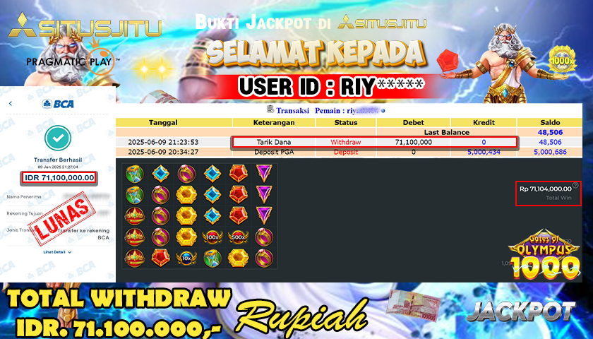 SITUSJITU id : RIY***** JACKPOT SLOT GATES OF OLYMPUS 1000 Rp.71.100.000 ,- LUNAS