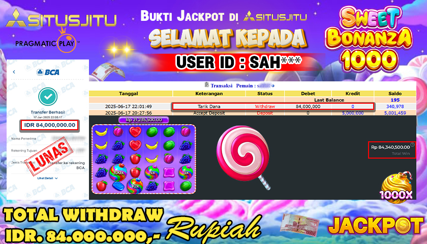 SITUSJITU  id : SAH*** MENANG BESAR DI SLOT SWEET BONANZA 1000 PRAGMATIC PLAY DENGAN TOTAL WITHDRAW Rp.84.000.000 ,- LUNAS