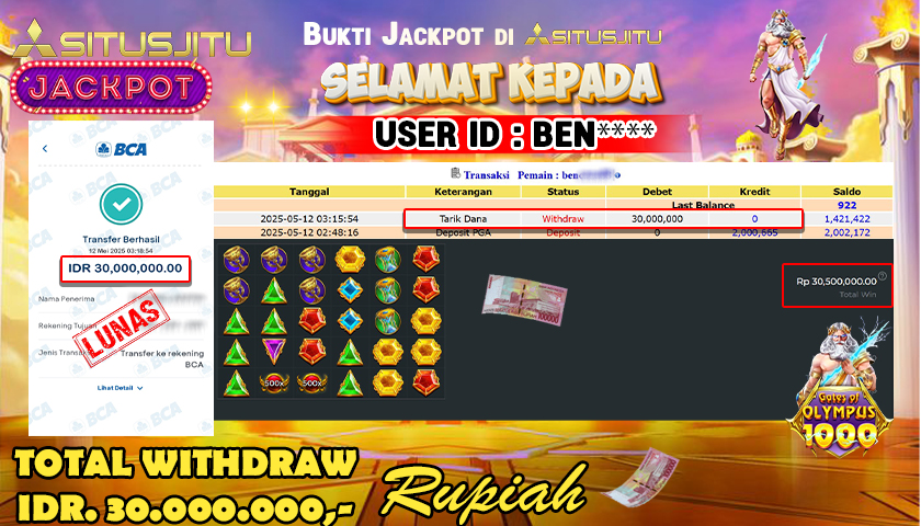 SITUSJITU id : BEN**** JACKPOT MENANG BESAR DI GATES OF OLYMPUS 1000 PRAGMATIC PLAY Rp.30.000.000 ,- LUNAS