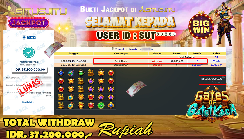 SITUSJITU id : SUT***** JACKPOT MENANG BESAR DI GATES OF GATOT KACA 1000 PRAGMATIC PLAY Rp.37.200.000 ,- LUNAS
