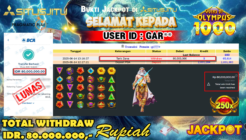 SITUSJITU id : GAR** JACKPOT SLOT GATES OF OLYMPUS 1000 PRAGMATIC PLAY Rp.80.000.000 ,- LUNAS