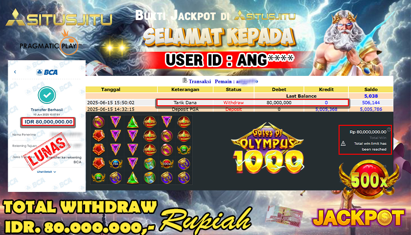 SITUSJITU id : ANG***** JACKPOT SLOT GATES OF OLYMPUS 1000 PRAGMATIC PLAY Rp.80.000.000 ,- LUNAS